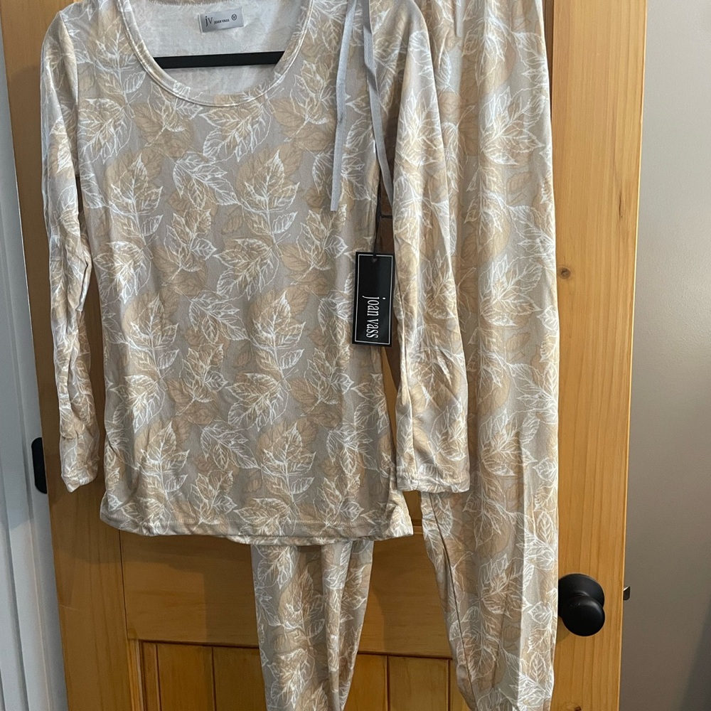Joan Vass Cream and Tan Leaf Print Pajama Set